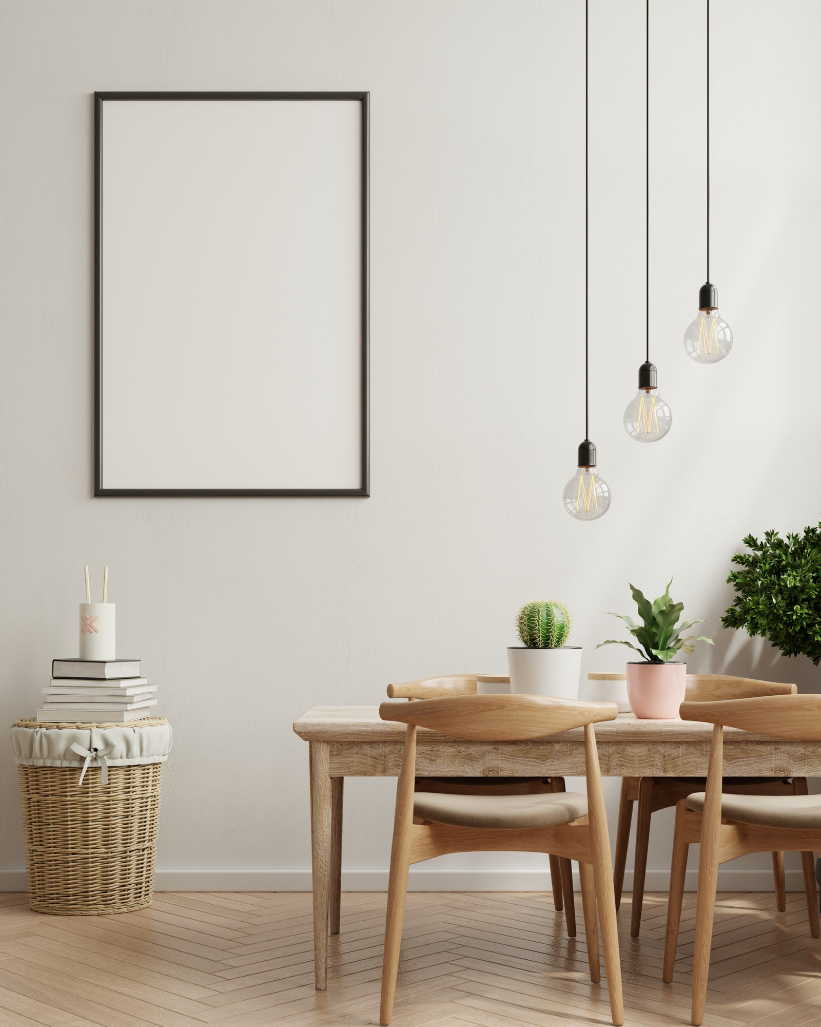 Mock up poster in modern dining room interior design with beige empty wall.